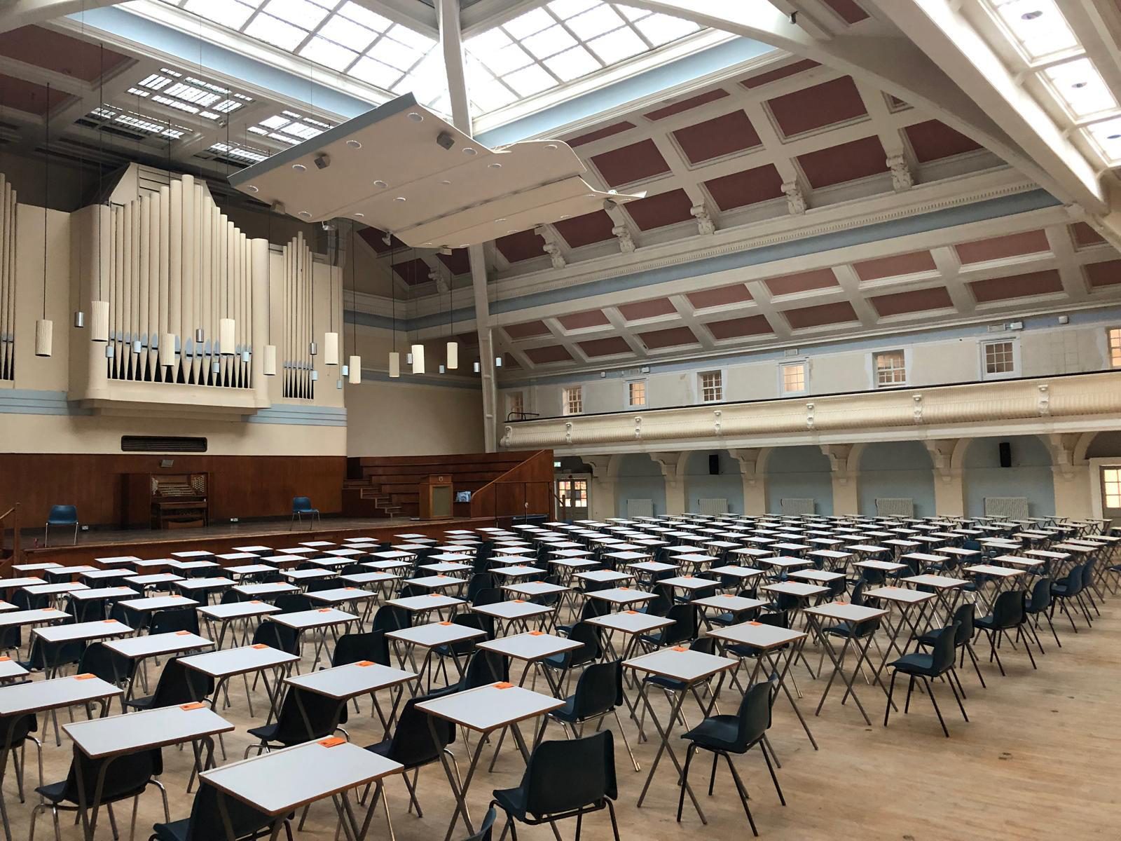 The Great Hall at Goldsmiths set out for exams