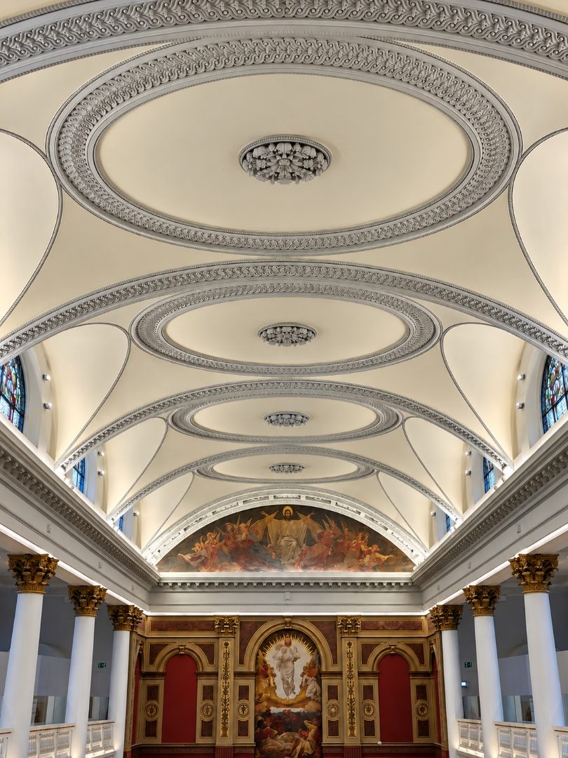 Decorated domed ceiling inside the Greenhouse Centre, London