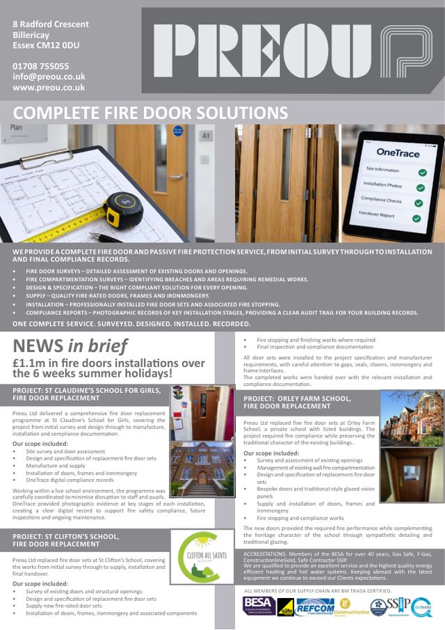 Front page of the Preou Fire door leaflet